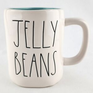 RAE DUNN Artisan White Mug Black Large Letters JELLY BEANS Blue Interior